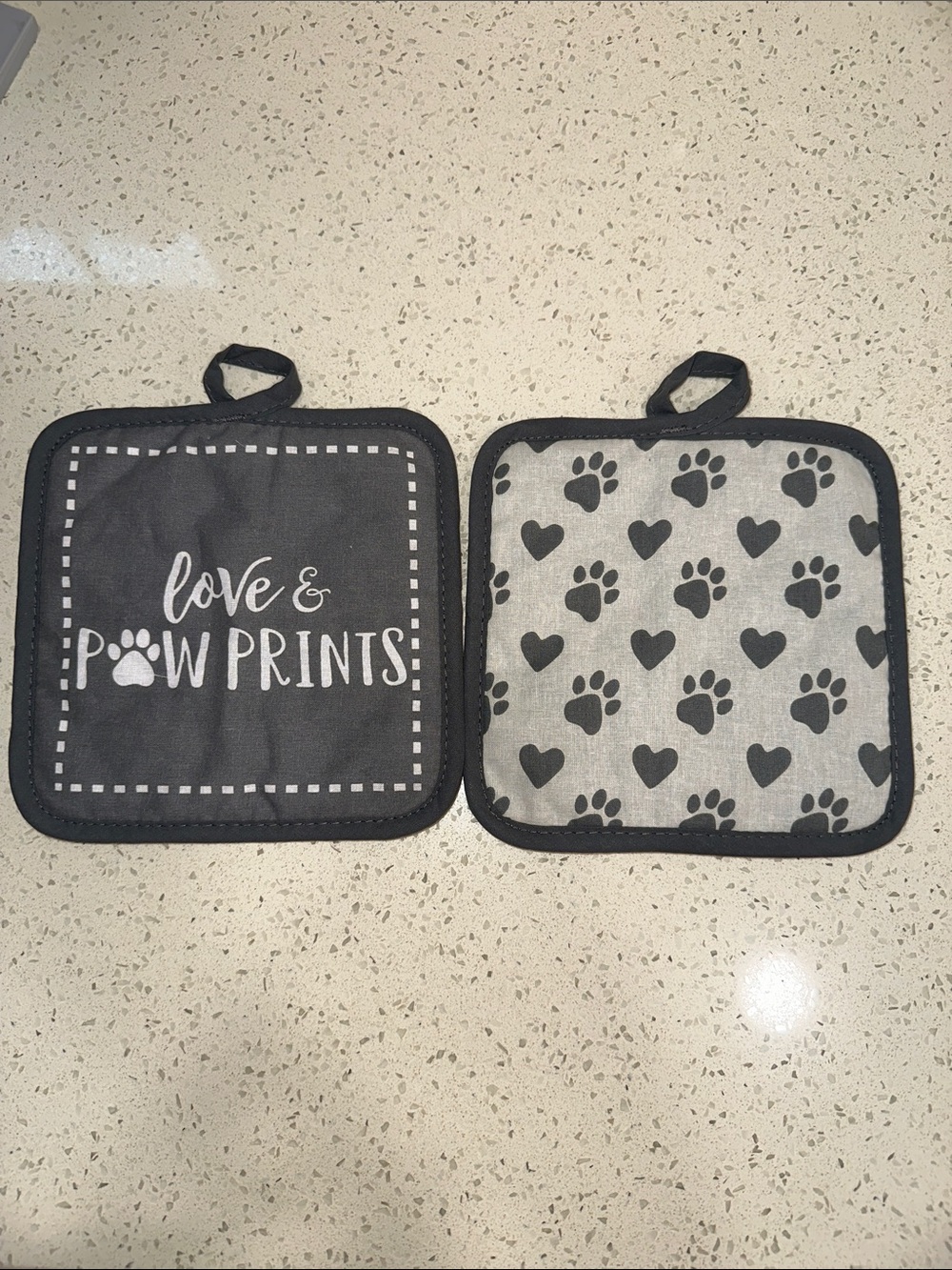Love & Paw Prints Pot Holders - Black and Gray